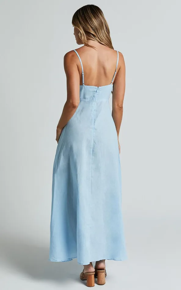Showpo Brette Midi Dress 8211 Linen Look Straight Neck Strappy Fit And Flare Dress In Blue Women Dresses