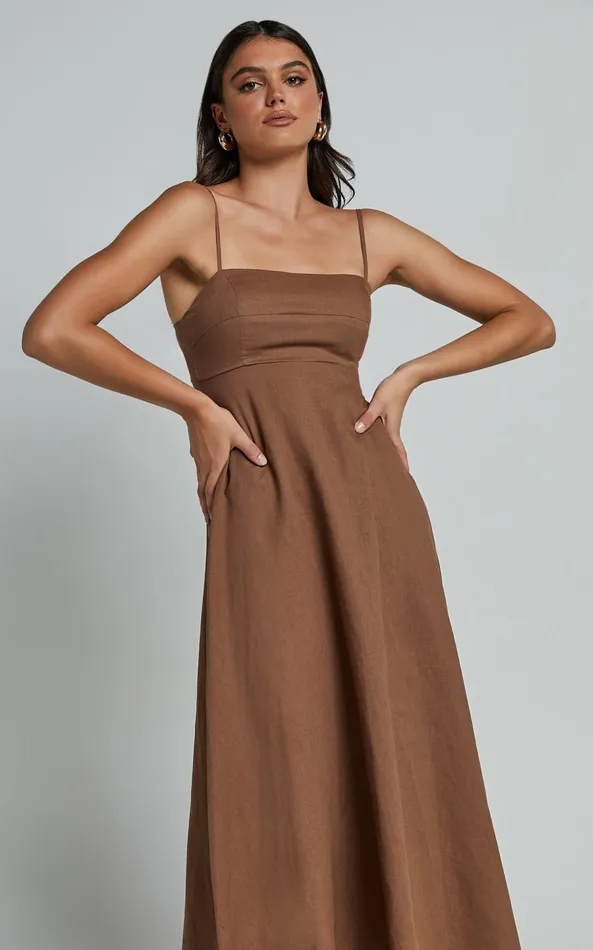 Showpo Brette Midi Dress 8211 Linen Look Straight Neck Strappy Fit And Flare Dress In Tobacco Women Dresses