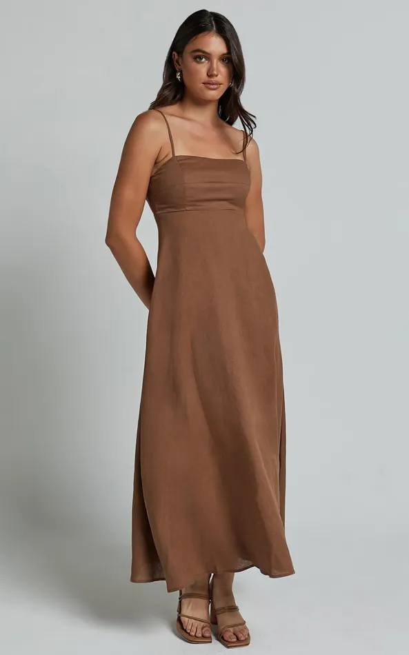 Showpo Brette Midi Dress 8211 Linen Look Straight Neck Strappy Fit And Flare Dress In Tobacco Women Dresses