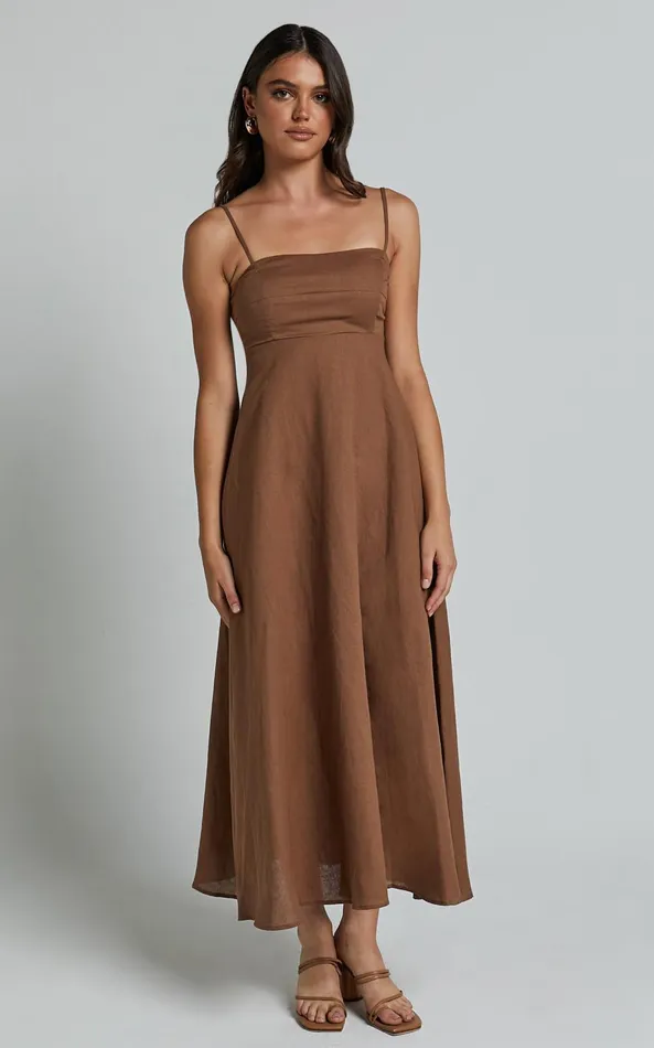 Showpo Brette Midi Dress 8211 Linen Look Straight Neck Strappy Fit And Flare Dress In Tobacco Women Dresses