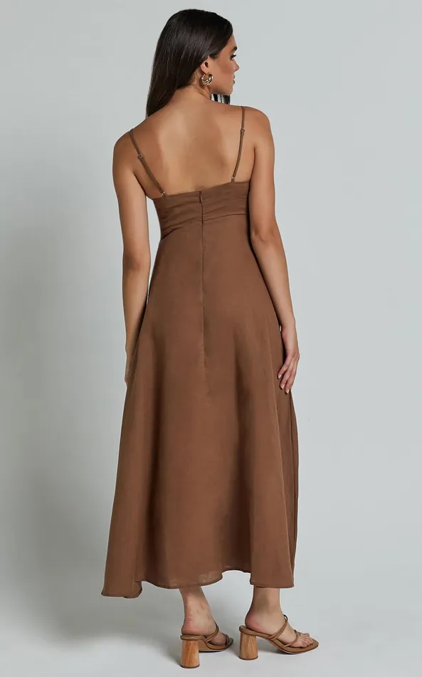 Showpo Brette Midi Dress 8211 Linen Look Straight Neck Strappy Fit And Flare Dress In Tobacco Women Dresses