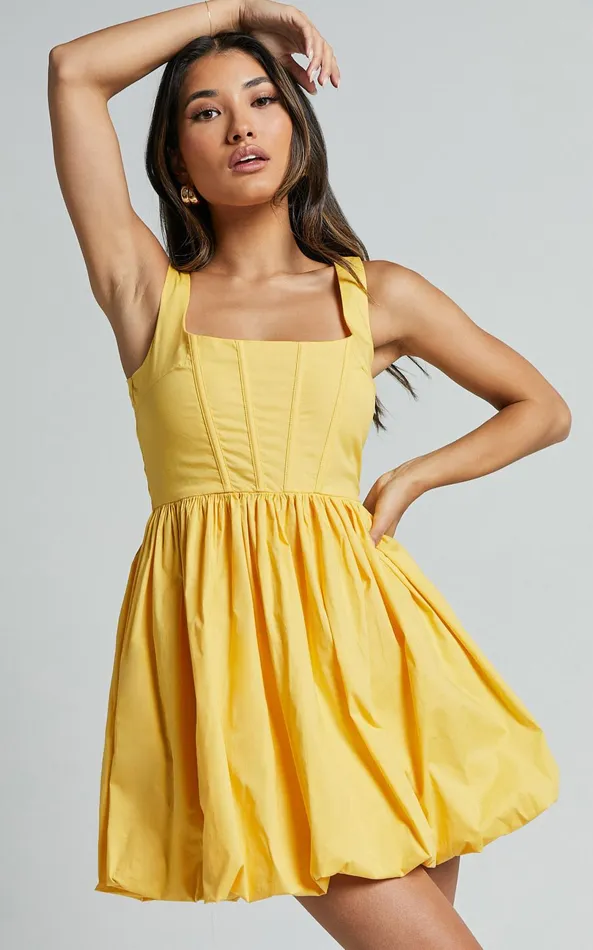 Showpo Brianda Mini Dress 8211 Corset Bodice Bubble Hem Dress In Yellow Women Dresses