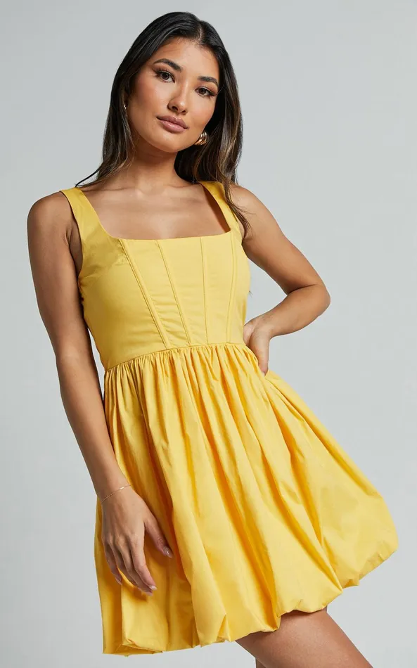 Showpo Brianda Mini Dress 8211 Corset Bodice Bubble Hem Dress In Yellow Women Dresses