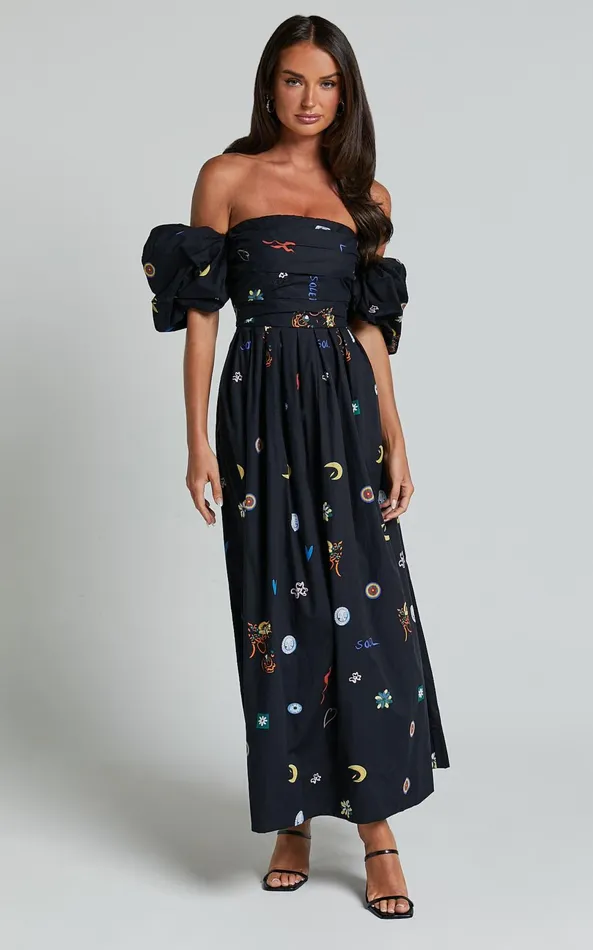 Showpo Brianna Maxi Dress 8211 Off Shoulder Dress In Black Print Women Dresses
