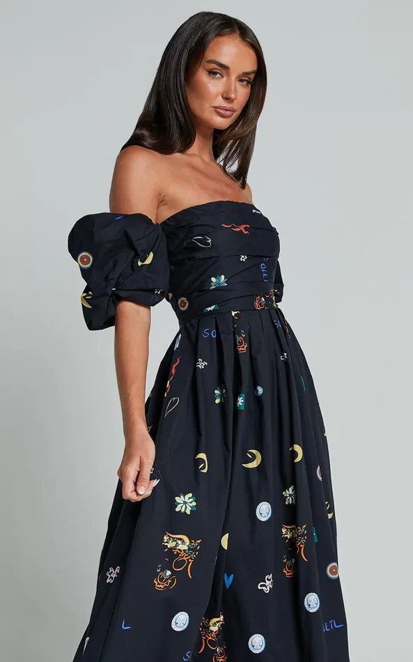 Showpo Brianna Maxi Dress 8211 Off Shoulder Dress In Black Print Women Dresses