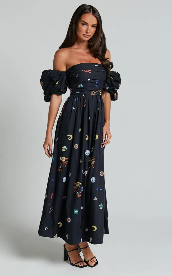 Showpo Brianna Maxi Dress 8211 Off Shoulder Dress In Black Print Women Dresses