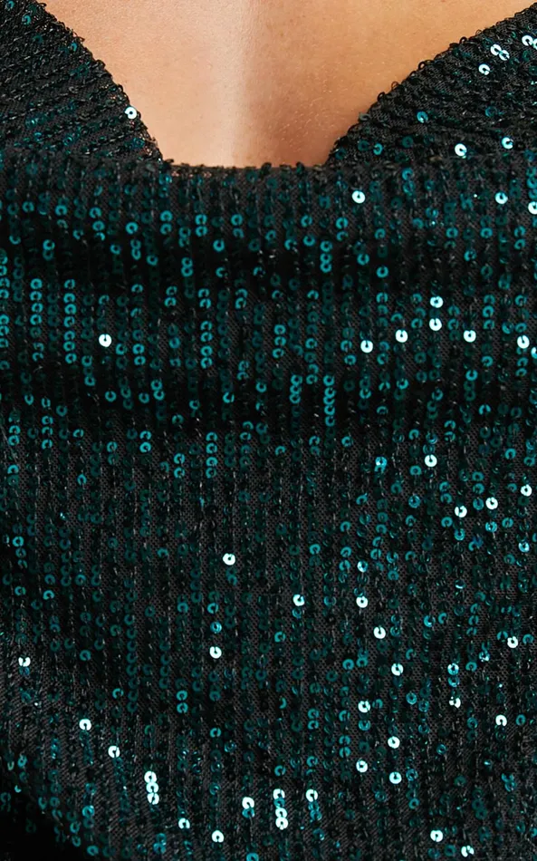 Showpo Brianna Sequin Bodysuit 8211 Cowl Neck Bodysuit In Emerald Women Tops