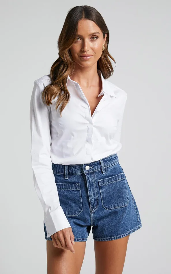 Showpo Briannon Shirt 8211 Long Sleeve Fitted Collared Button Up Shirt In White Women Curve Clothes