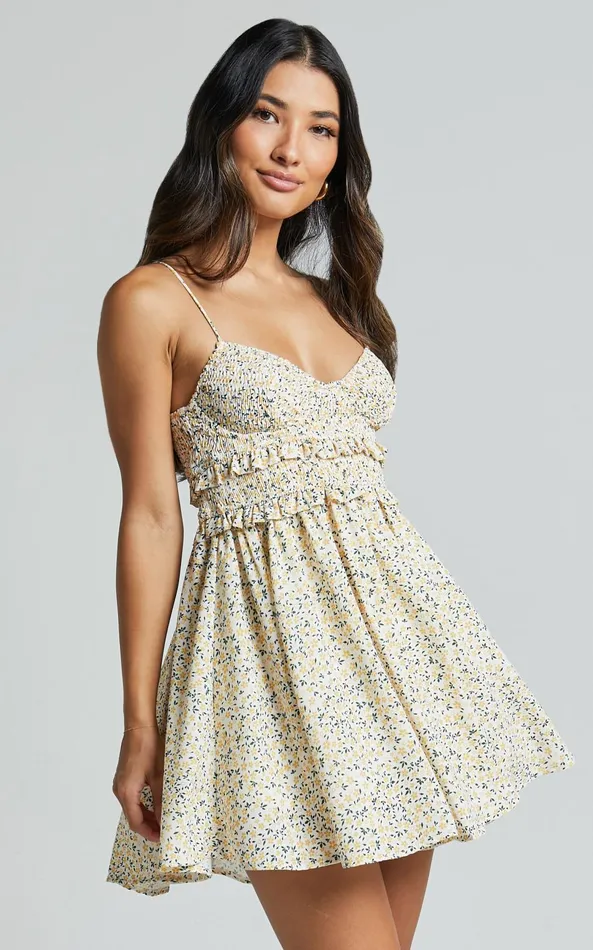 Showpo Bridget Mini Dress 8211 Sleeveless Bust Ruffle Waist Dress In Yellow Floral Women Dresses