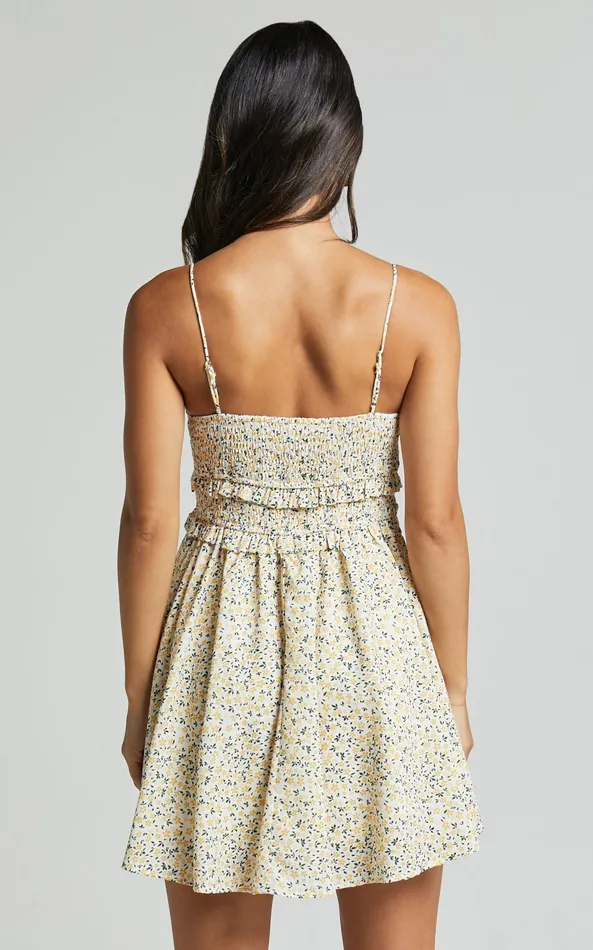 Showpo Bridget Mini Dress 8211 Sleeveless Bust Ruffle Waist Dress In Yellow Floral Women Dresses