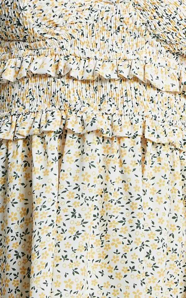 Showpo Bridget Mini Dress 8211 Sleeveless Bust Ruffle Waist Dress In Yellow Floral Women Dresses