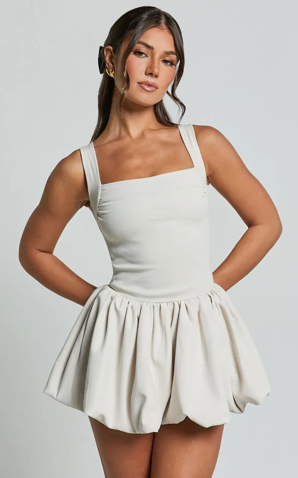 Showpo Bridgette Mini Dress 8211 Straight Neck Sleeveless Fit And Flare Dress In Cream Women Dresses