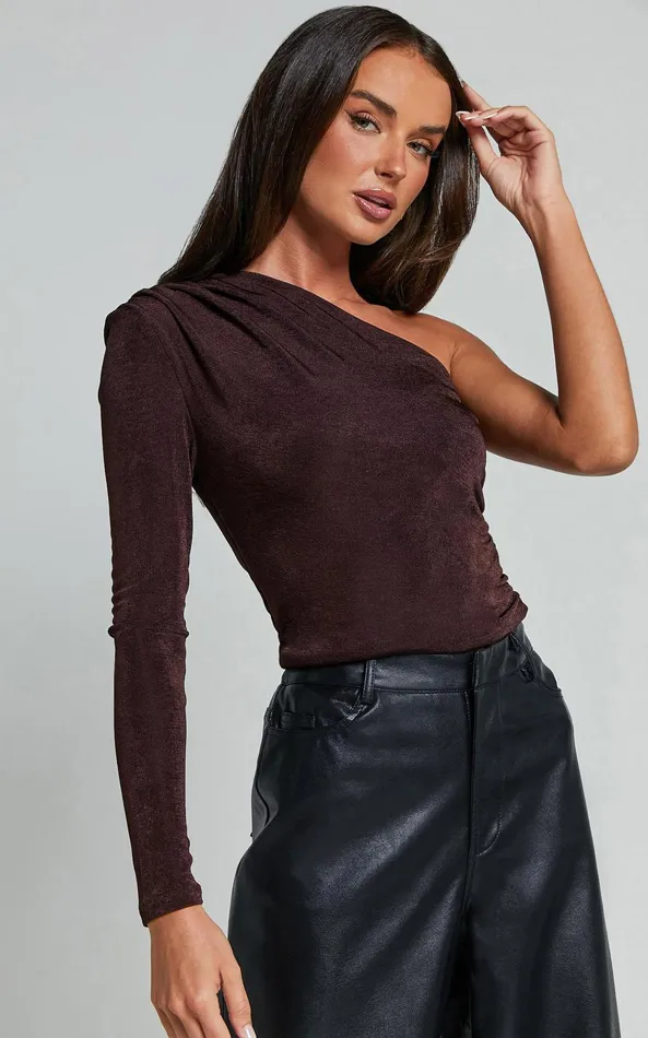 Showpo Bridgette Top 8211 One Shoulder Long Sleeve Ruched Top In Chocolate Women Tops Showpo Bridgette Top 8211 One Shoulder Long Sleeve Ruched Top In Chocolate Women Tops