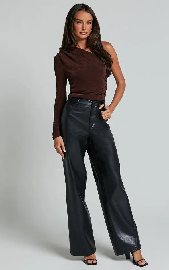 Showpo Bridgette Top 8211 One Shoulder Long Sleeve Ruched Top In Chocolate Women Tops