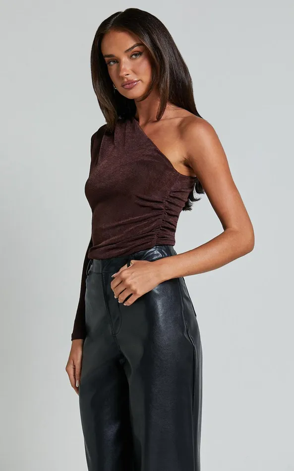 Showpo Bridgette Top 8211 One Shoulder Long Sleeve Ruched Top In Chocolate Women Tops
