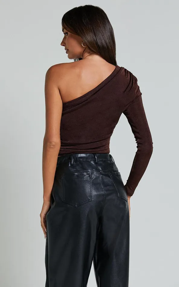 Showpo Bridgette Top 8211 One Shoulder Long Sleeve Ruched Top In Chocolate Women Tops