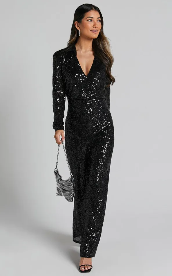 Showpo Briella Jumpsuit 8211 Sequin Collared Plunge Wrap Long Sleeve In Black Women Jumpsuits Showpo Briella Jumpsuit 8211 Sequin Collared Plunge Wrap Long Sleeve In Black Women Jumpsuits