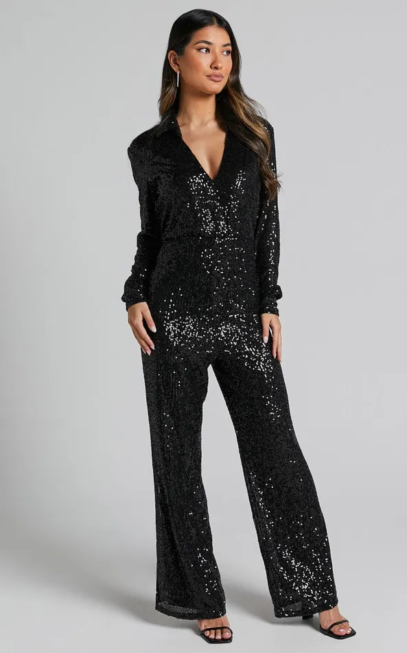 Showpo Briella Jumpsuit 8211 Sequin Collared Plunge Wrap Long Sleeve In Black Women Jumpsuits