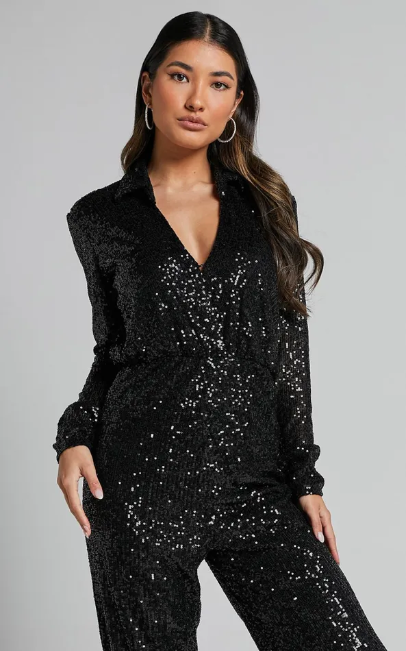 Showpo Briella Jumpsuit 8211 Sequin Collared Plunge Wrap Long Sleeve In Black Women Jumpsuits