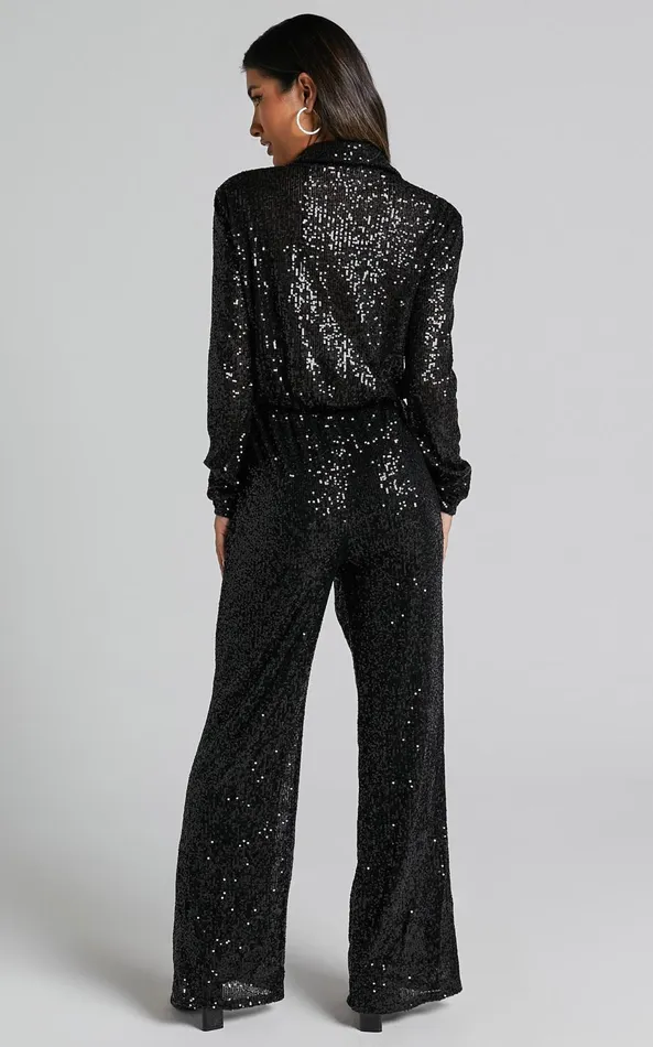 Showpo Briella Jumpsuit 8211 Sequin Collared Plunge Wrap Long Sleeve In Black Women Jumpsuits