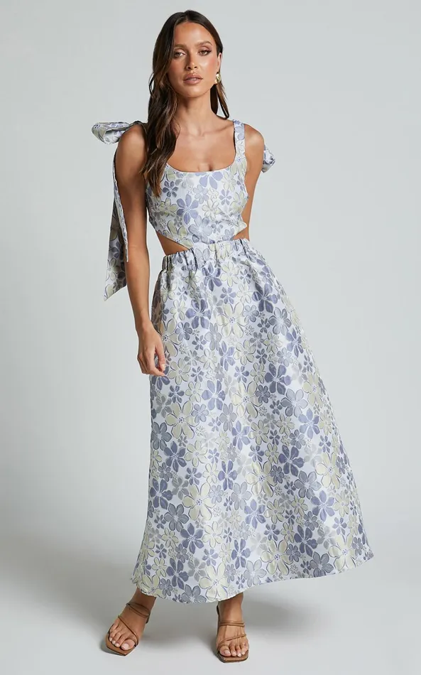 Showpo Briella Midi Dress 8211 Adjustable Strap Side Cut Out A Line Dress In Blue Women Dresses