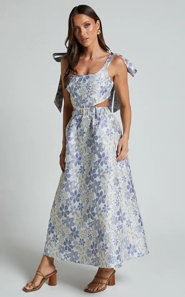 Showpo Briella Midi Dress 8211 Adjustable Strap Side Cut Out A Line Dress In Blue Women Dresses