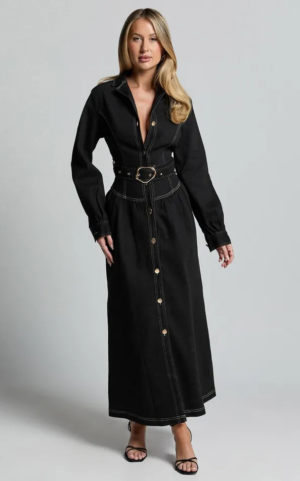 Showpo Brienna Midi Dress 8211 Long Sleeve Contrast Stitching Belt Detail Denim Midi Dress In Black Women Dresses