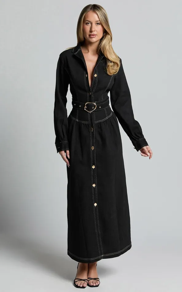 Showpo Brienna Midi Dress 8211 Long Sleeve Contrast Stitching Belt Detail Denim Midi Dress In Black Women Dresses