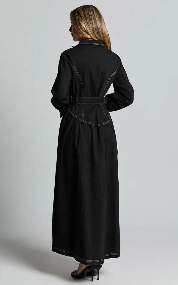 Showpo Brienna Midi Dress 8211 Long Sleeve Contrast Stitching Belt Detail Denim Midi Dress In Black Women Dresses