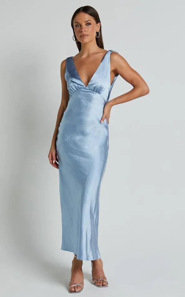 Showpo Brienne Midi Dress 8211 Plunge Cowl Back Satin Dress In Blue Women Dresses Showpo Brienne Midi Dress 8211 Plunge Cowl Back Satin Dress In Blue Women Dresses
