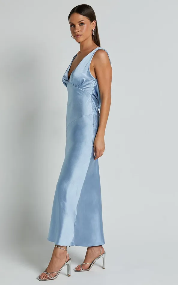 Showpo Brienne Midi Dress 8211 Plunge Cowl Back Satin Dress In Blue Women Dresses