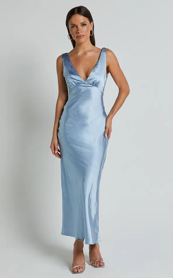 Showpo Brienne Midi Dress 8211 Plunge Cowl Back Satin Dress In Blue Women Dresses