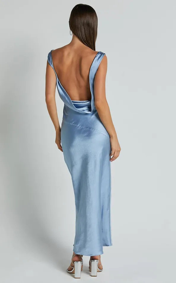 Showpo Brienne Midi Dress 8211 Plunge Cowl Back Satin Dress In Blue Women Dresses