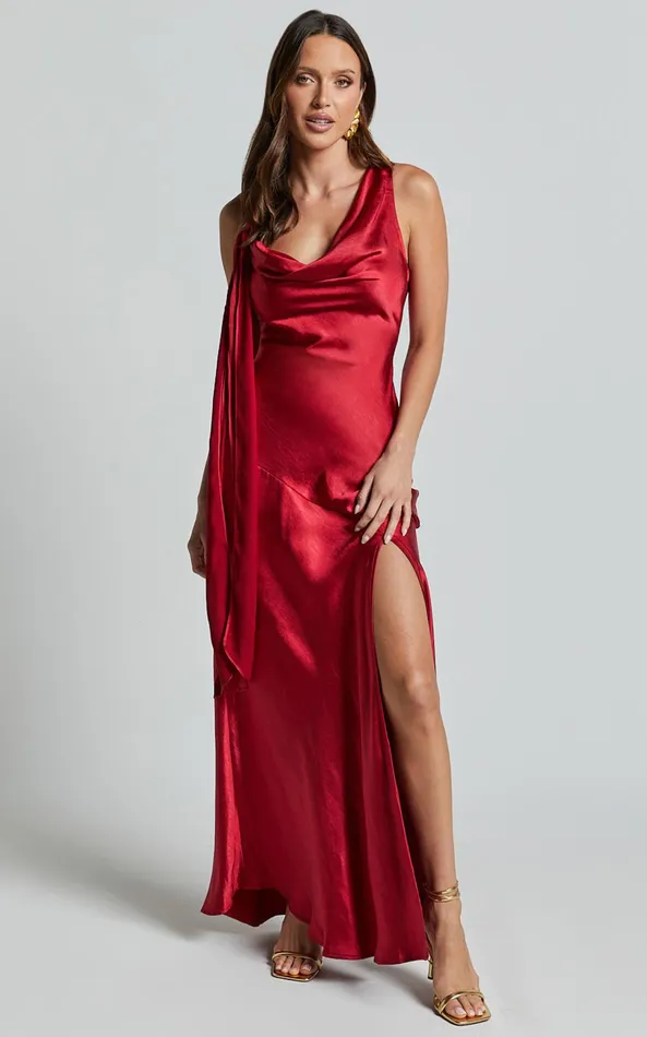 Showpo Brigette Maxi Dress 8211 Sleeveless Cowl Neck With Ribbon Detail Strap In Red Women Dresses