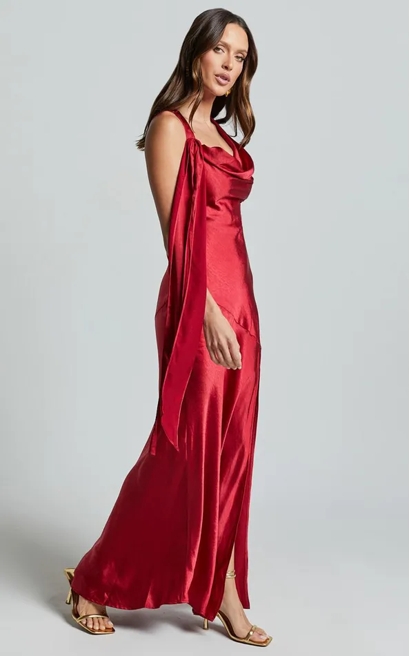 Showpo Brigette Maxi Dress 8211 Sleeveless Cowl Neck With Ribbon Detail Strap In Red Women Dresses