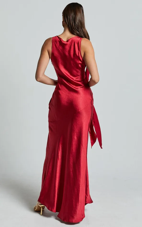 Showpo Brigette Maxi Dress 8211 Sleeveless Cowl Neck With Ribbon Detail Strap In Red Women Dresses
