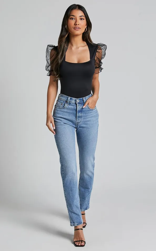 Showpo Briggs Bodysuit 8211 Sheer Puff Sleeve In Black Women Tops