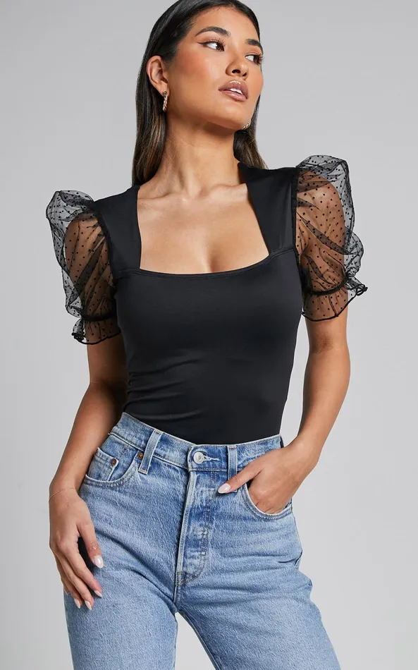 Showpo Briggs Bodysuit 8211 Sheer Puff Sleeve In Black Women Tops