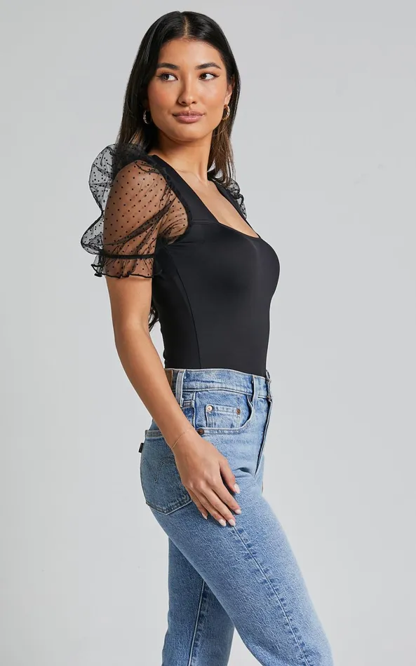 Showpo Briggs Bodysuit 8211 Sheer Puff Sleeve In Black Women Tops
