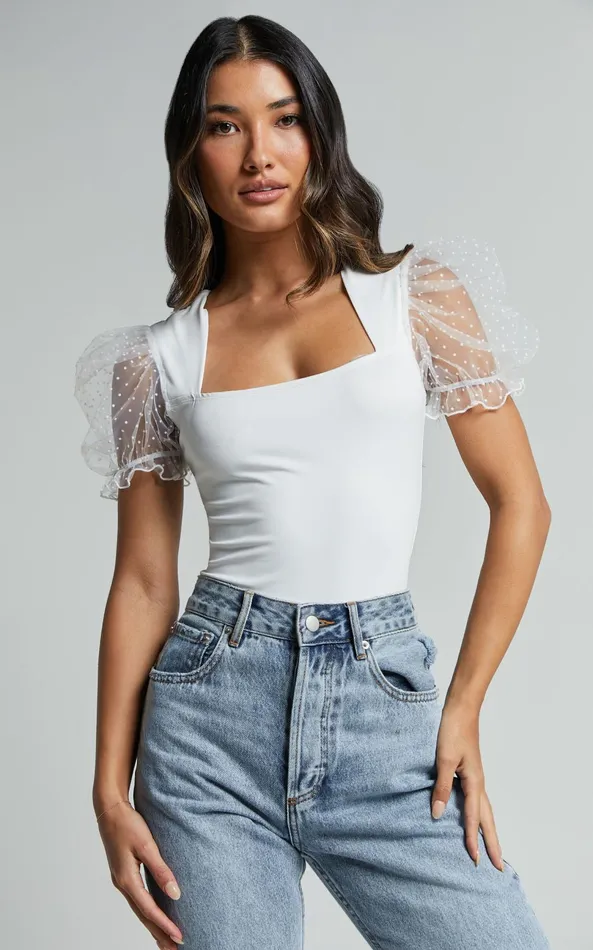 Showpo Briggs Bodysuit 8211 Sheer Puff Sleeve In Ivory Women Tops