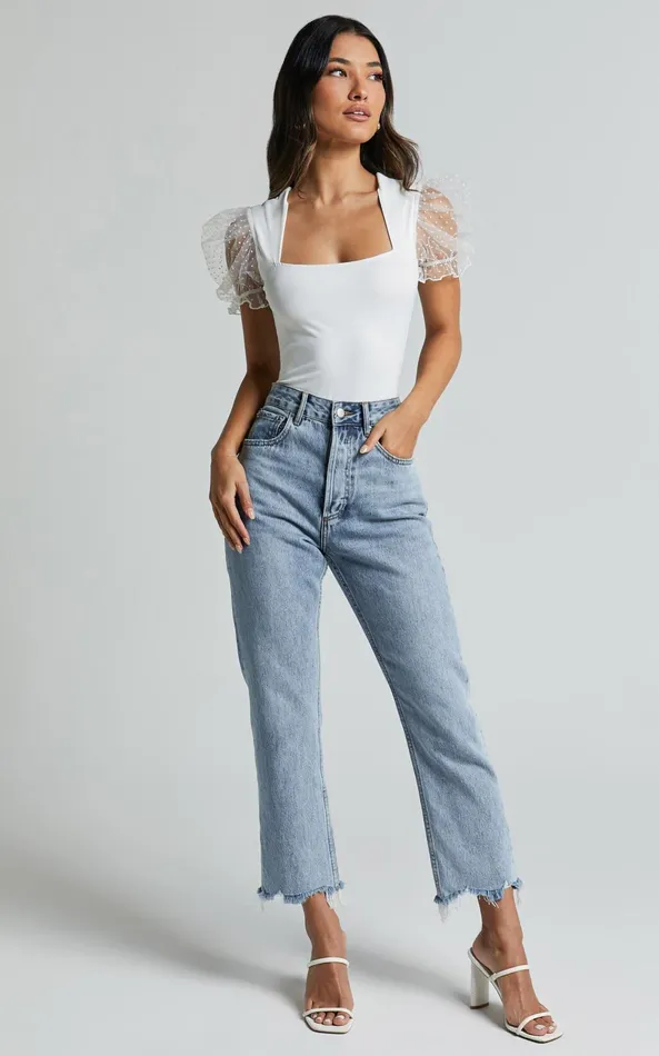 Showpo Briggs Bodysuit 8211 Sheer Puff Sleeve In Ivory Women Tops