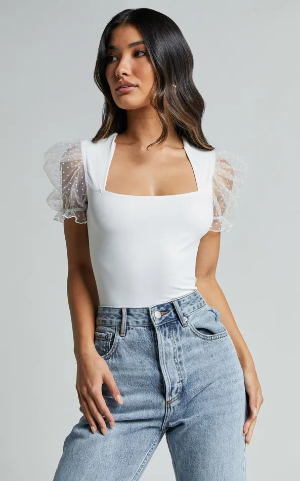 Showpo Briggs Bodysuit 8211 Sheer Puff Sleeve In Ivory Women Tops