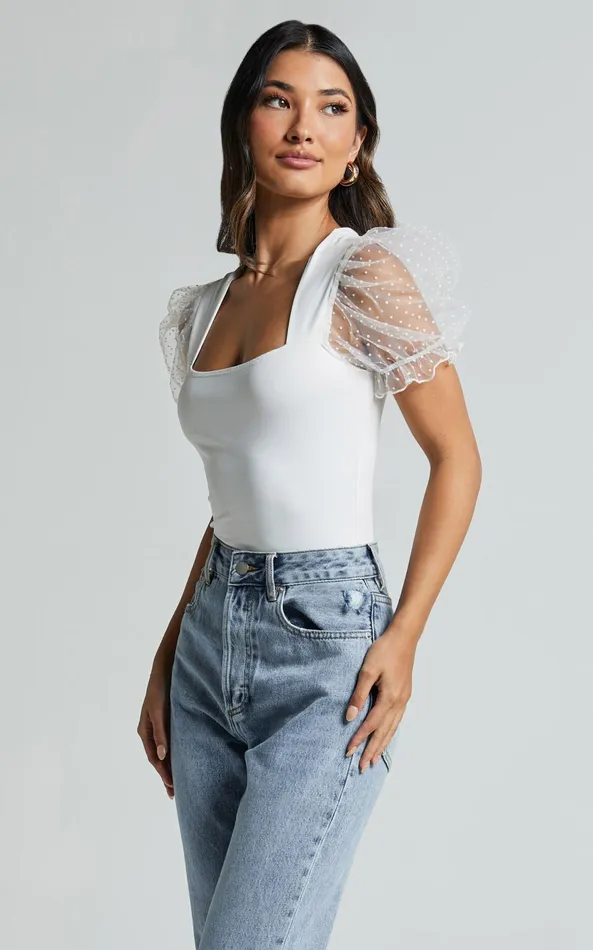 Showpo Briggs Bodysuit 8211 Sheer Puff Sleeve In Ivory Women Tops