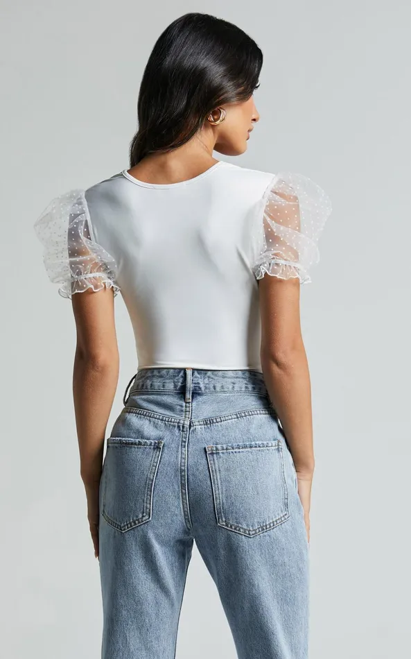 Showpo Briggs Bodysuit 8211 Sheer Puff Sleeve In Ivory Women Tops