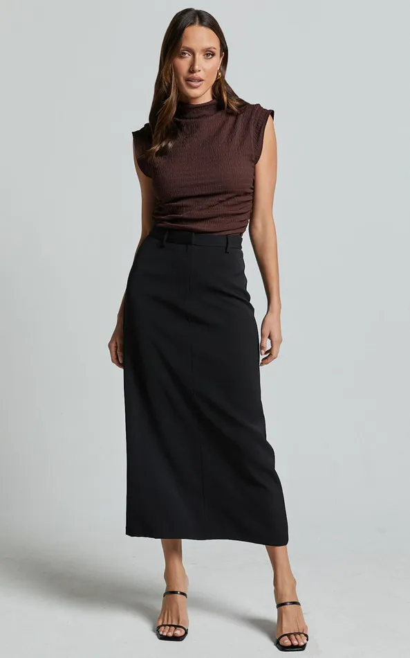 Showpo Brionne Top 8211 High Neck Cap Sleeve Top In Dark Oak Women Curve Clothes