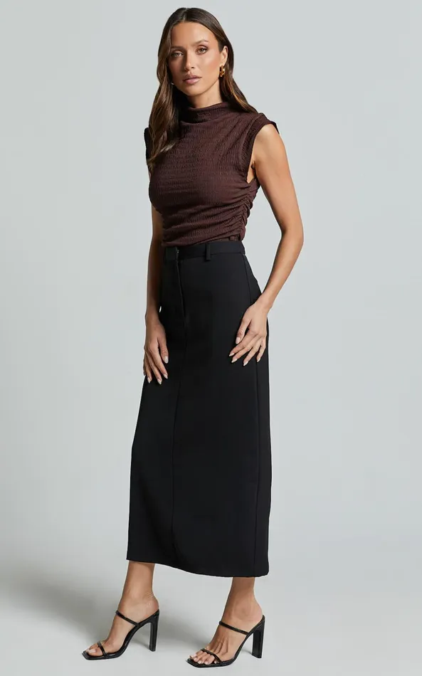 Showpo Brionne Top 8211 High Neck Cap Sleeve Top In Dark Oak Women Curve Clothes