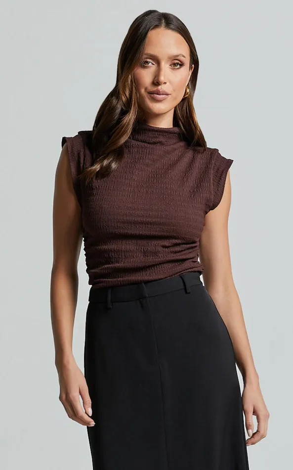 Showpo Brionne Top 8211 High Neck Cap Sleeve Top In Dark Oak Women Curve Clothes