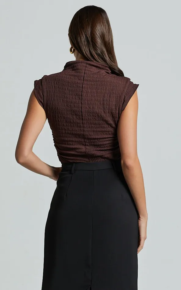 Showpo Brionne Top 8211 High Neck Cap Sleeve Top In Dark Oak Women Curve Clothes