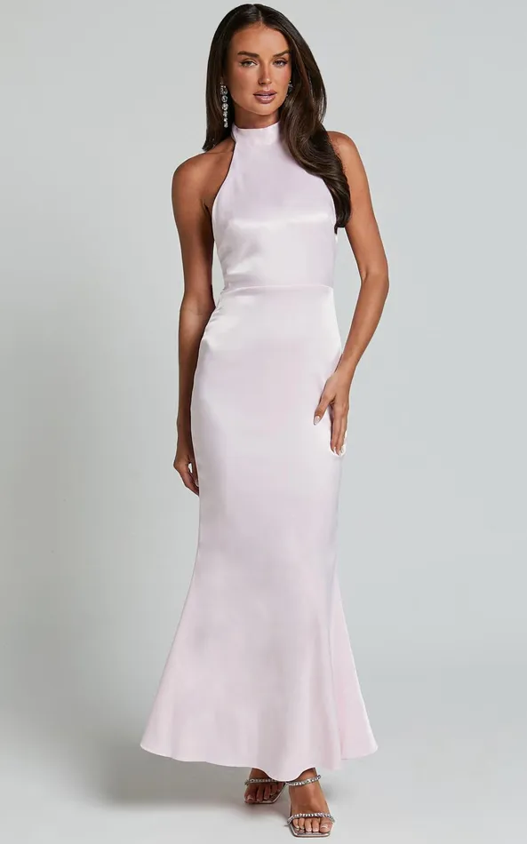 Showpo Britany Maxi Dress 8211 Halter Neck Backless Ribbon Detail Fit And Flare Dress In Pink Women Dresses