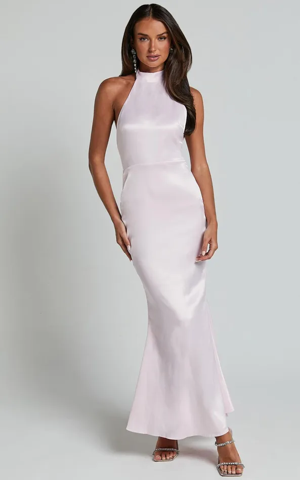 Showpo Britany Maxi Dress 8211 Halter Neck Backless Ribbon Detail Fit And Flare Dress In Pink Women Dresses